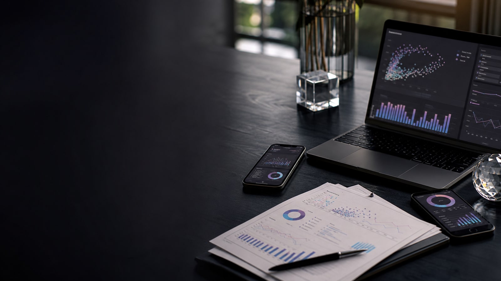 Pricing intelligence workspace with app analytics dashboards, mobile charts, and printed market reports